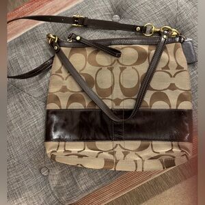 Coach Beige and Brown Signature Canvas Shoulder Bag